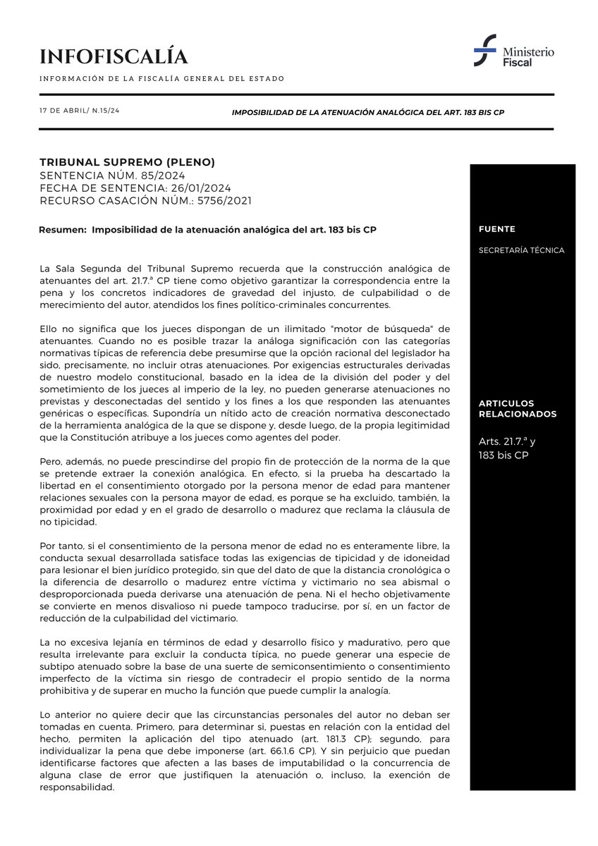 📰 INFOFISCALÍA 15/24. ➡️ Imposibilidad de la atenuación analógica del art. 183 bis CP.