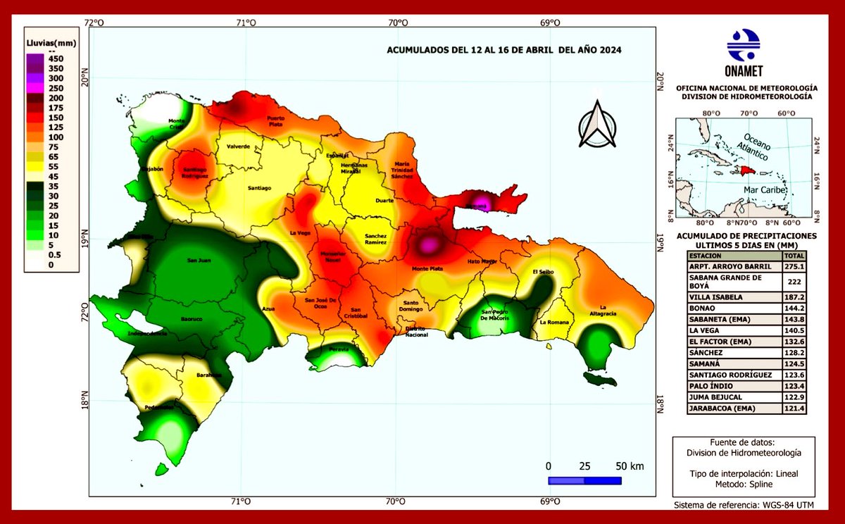 Este👇🏻ha sido el comportamiento de las lluvias los últimos 5 días, como puede observarse gran parte del territorio nacional ha recibido acumulados significativos, siendo los más relevantes: Arpto.Arroyo Barril = 275.1mm Sabana G. de Boyá = 222 mm Villa Isabela = 187.2 mm.