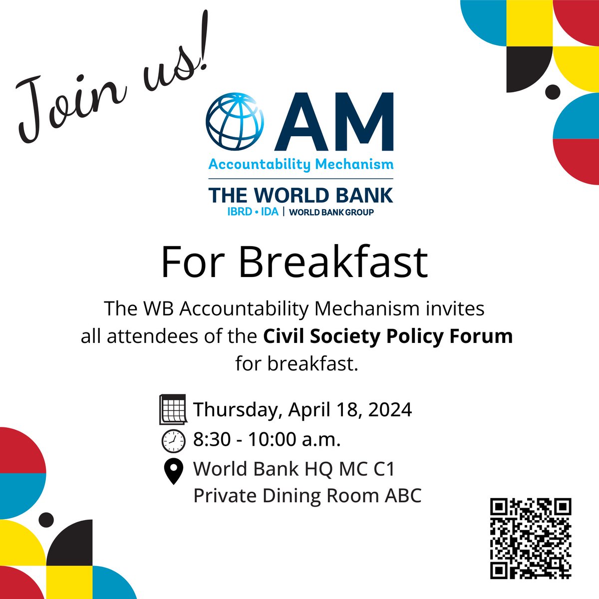 For those who are in D.C. to attend the Civil Society Policy Forum of The World Bank, we hope to see lots of familiar faces—and meet new ones—at our breakfast tomorrow. 📍See you at the C1 level of the World Bank Main Complex (MC) Building. #WBGMeetings #Partnerships