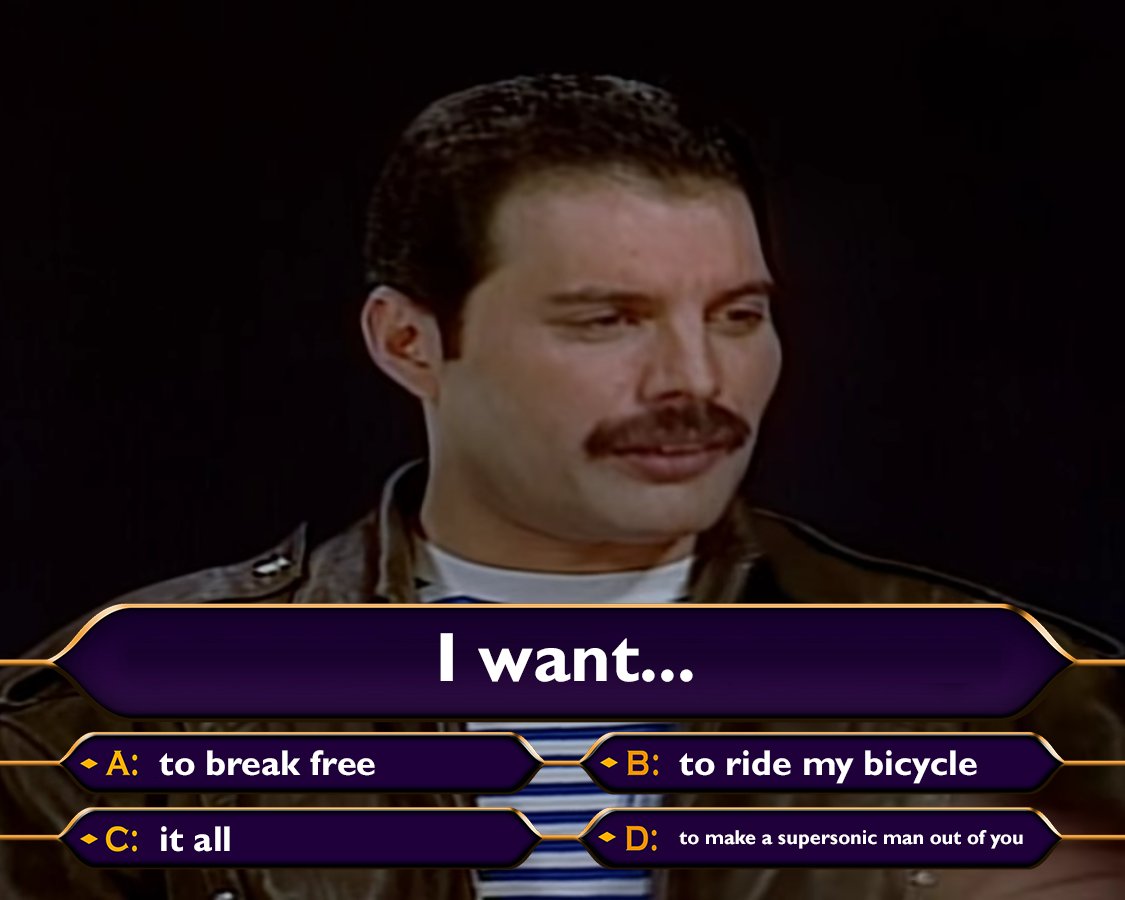 B! The answer's B! 🚲

#ElectricFoldingBikesNW #ElectricFoldingBikes #bikeshop #cycling #electricbike #foldingbike #ebike #biking #bikehumor #bikejoke #goforaride #IWantToRideMyBicycle #BicycleRace #Queen