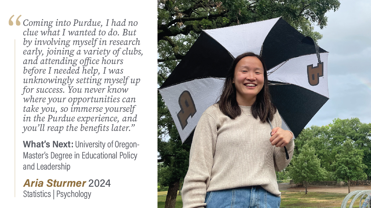 Congratulations to Aria Sturmer - one of this year's Student Success Stories in Statistics and Psychology @PurdueStats @Purdue_PsychSci #Purdue #Science #Stats #Statistics #Psychology #STEM #WomenInScience #WomenInSTEM