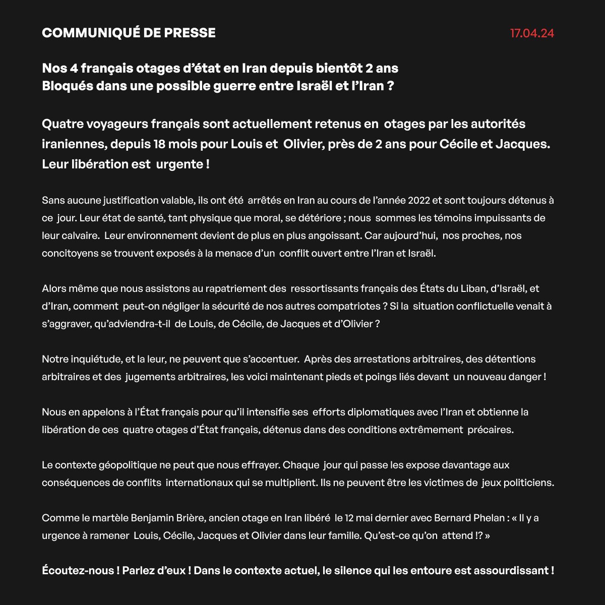 Today, the French hostages' loved ones voice deep concern for their poor health & their safety amid geopolitical tensions.

We join them in urging @EmmanuelMacron @GabrielAttal @steph_sejourne to step up efforts to #FreeCécile #FreeJacques #FreeLouis #FreeOlivier #BringThemHome