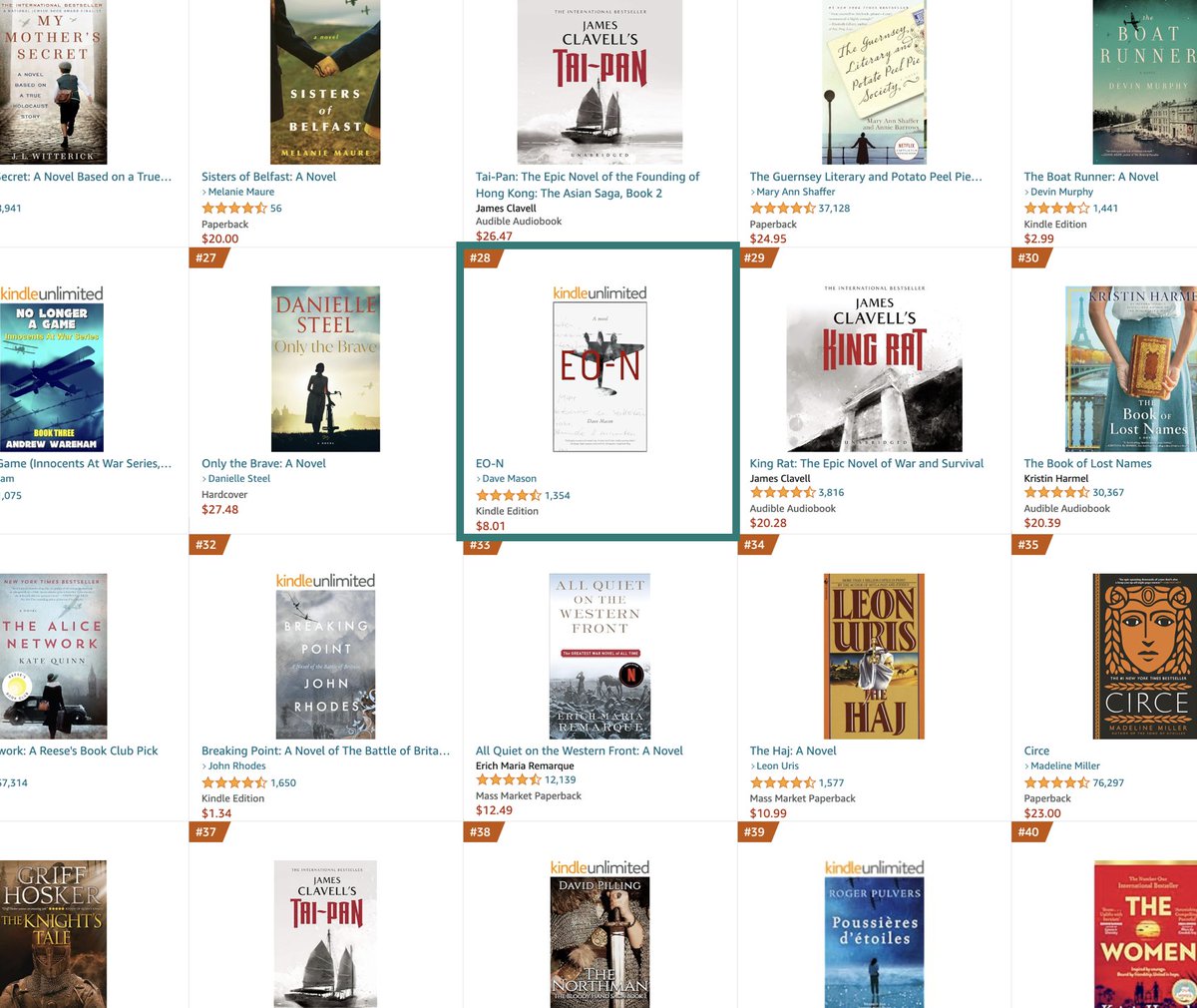 James Clavell
Kristin Harmel
Leon Uris
Danielle Steel
Erich Maria Remarque
Madeline Miller
Kristin Hannah
Griff Hosker
Kate Quinn

Incredible to be even momentarily on the same page as these authors. 
#historicalfiction #amazonbestsellers