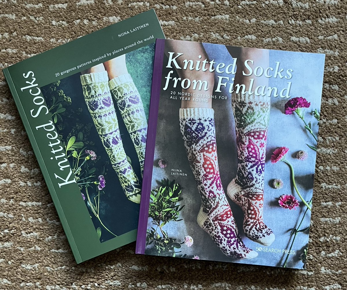 I’m lucky to have these two books, stunning sock designs by Niina Laitinen. Single and multi colour designs, cables and lace, long socks and shorter socks in 4ply, DK and Aran yarn. Just stunning!