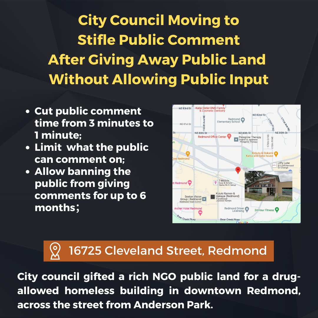 safeeastside's tweet photo. The threat to democracy is real! @CityOfRedmond council rushed to gift Plymouth Housing public land for building a drug-allowed homeless housing two blocks away from an elementary school, they now don't want to allow the public to speak and hold them accountable! https://t.co/m1vh4DXOvH
