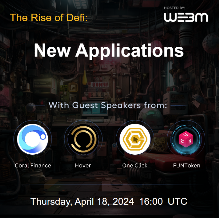 3️⃣ The Rise of DeFi: Exploring New Applications by @TimeToTerminal 🗓️ April 18th, 18:00 CET 🎙️ Featuring: @Coral_Finance, @hover_market, @oneclickcrypto, & @FUNtoken_io. 🔗 Set Reminder: twitter.com/i/spaces/1lDxL…