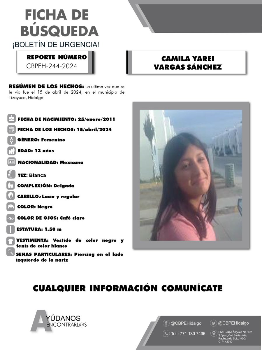 Solicitamos de tu apoyo en difusión para dar pronta localización a Camila Yarei Vargas Sánchez, comunícate a los teléfonos de COBUPEM 800 216 0361, 800 509 0927. #TodosEnLaBúsqueda