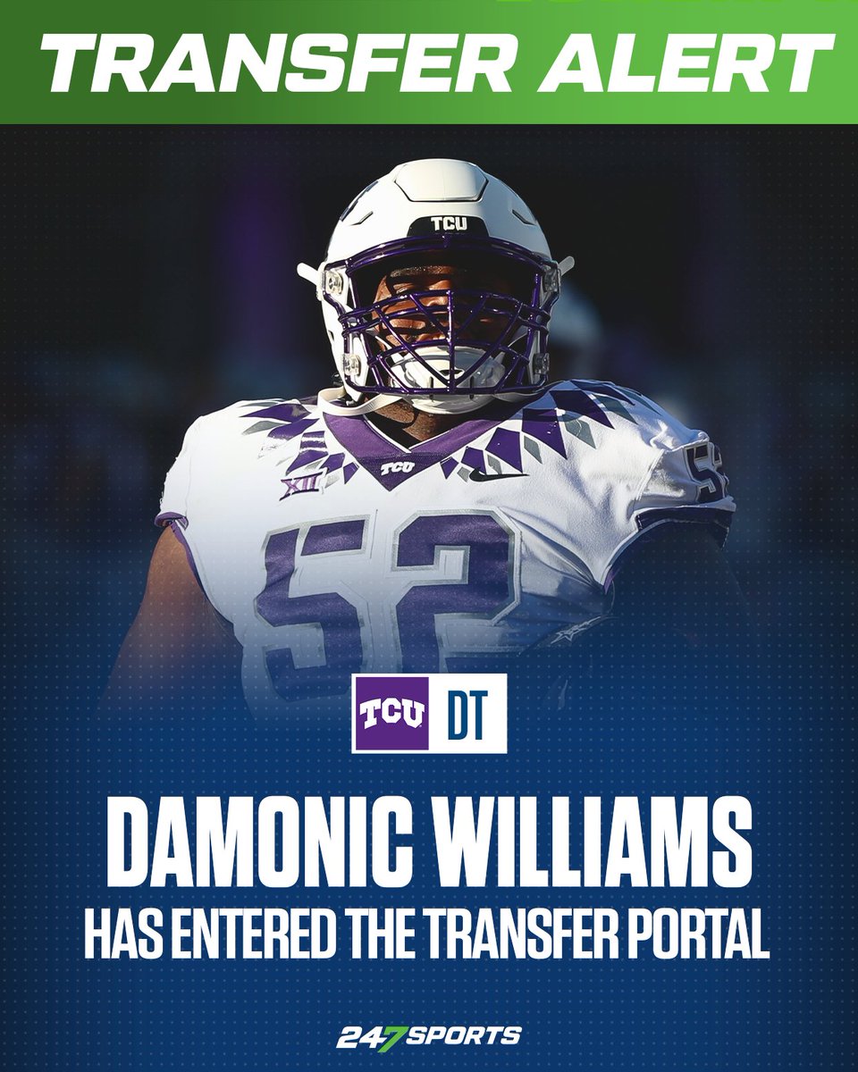 247Sports (@247sports) on Twitter photo BREAKING: TCU star DT Damonic Williams intends to enter the transfer portal, sources tell <a href="/chris_hummer/">Chris Hummer</a> and <a href="/JClarkHFB247/">Jeremy Clark</a>. 👀
Williams was a 247Sports True Freshman All-American in 2022 and an all-Big 12 selection in 2023.
247sports.com/article/source… BREAKING: TCU star DT Damonic Williams intends to enter the transfer portal, sources tell <a href="/chris_hummer/">Chris Hummer</a> and <a href="/JClarkHFB247/">Jeremy Clark</a>. 👀
Williams was a 247Sports True Freshman All-American in 2022 and an all-Big 12 selection in 2023.
247sports.com/article/source…