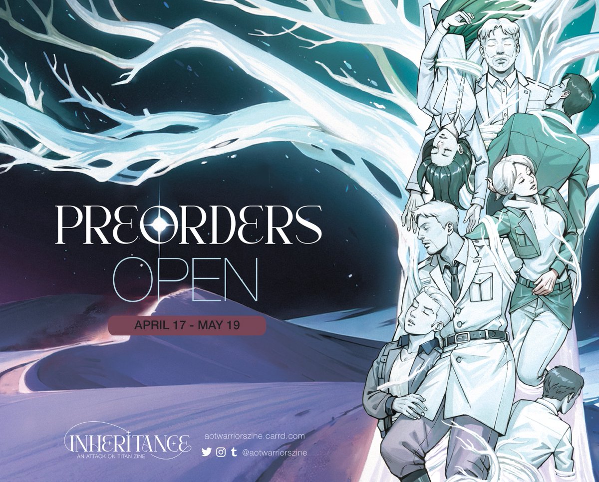 ✴️ Inheritance | Preorders open ✴️ The time has come, Warriors! 'Inheritance: an Attack on Titan zine' is officially open for preorders! 💫 🛒 aotwarriorszine.bigcartel.com 📅 Sales close on May 19!