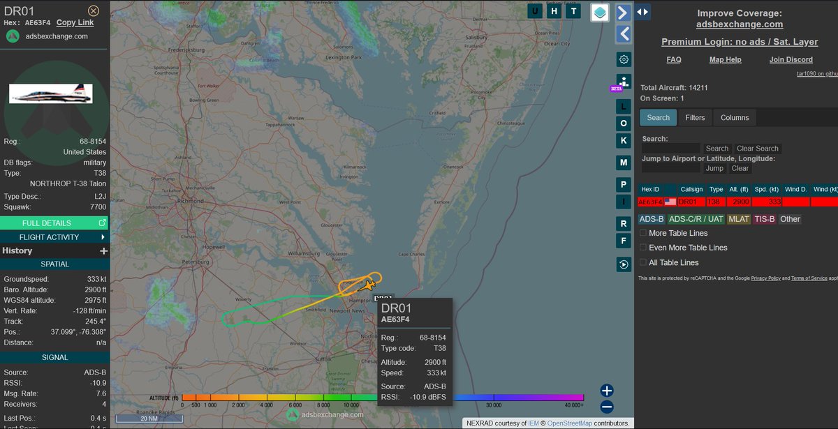 rjsincs's tweet photo. #DR01 #AE63F4 currently #Squawking #7700 unknown nature or validity of the emergency. #T38 https://t.co/4XzEv61a0z