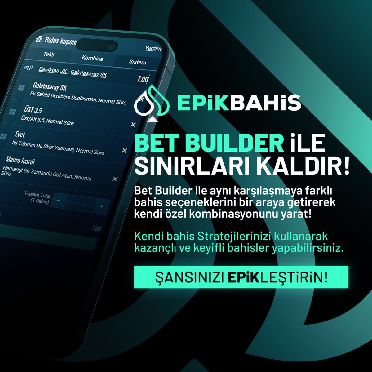 😍EPİKBAHİS BET BUILDER İLE SINIRLARI KALDIR! 📱 Bet Builder ile aynı karşılaşmaya farklı bahis seçeneklerini bir araya getirerek kendi özel kombinasyonunu yarat! 👍 Kendi bahis stratejilerinizi kullanarak kazançlı ve keyifli bahisler yapabilirsiniz. 🥰Şansınızı Epikleştirin