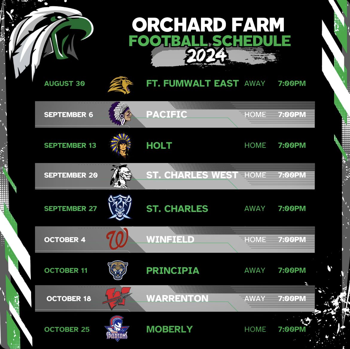 Your 2024 Orchard Farm Football Schedule! The New Stadium is ready to rock. 🦅🏈🚨 #winHERE #OFPride @OFR5_Activities