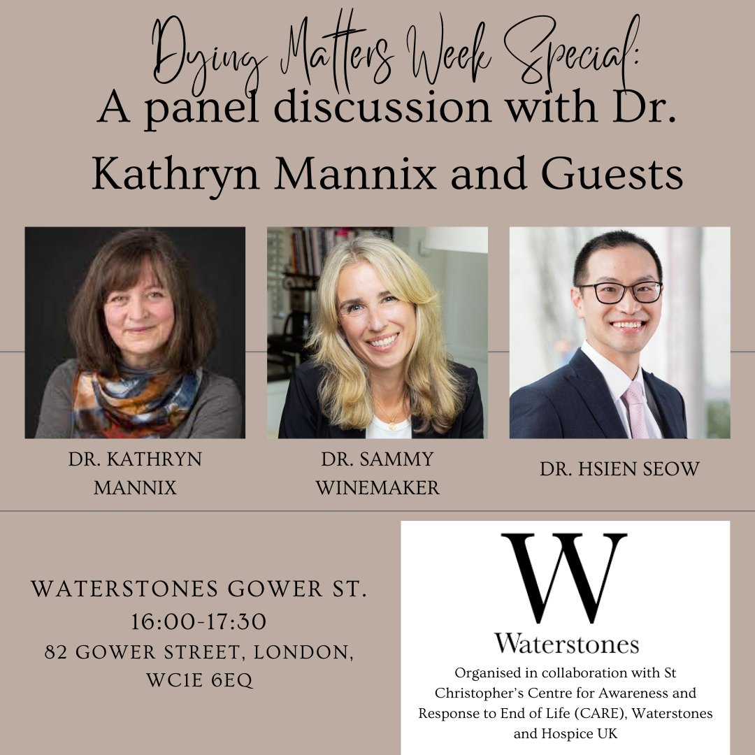 This will be a meeting of greats! @SammyWinemaker & @HSeowPhD in discussion with @drkathrynmannix during #DMAW2024 📕Hear from the authors of 'Hope for the Best & Plan for the Rest' & 'With the End in Mind' 🗒️11th May at Waterstones Gower St. 🎫Tickets: bit.ly/3Q47m5i