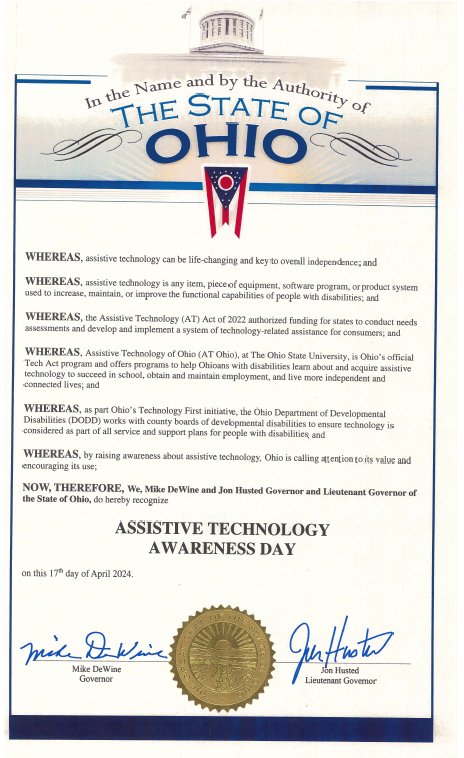 Thank you to @GovMikeDeWine & @LtGovHusted for recognizing #AssistiveTechnologyAwarenessDay! Assistive tech can be a life-changing tool for people with developmental disabilities. ❤️