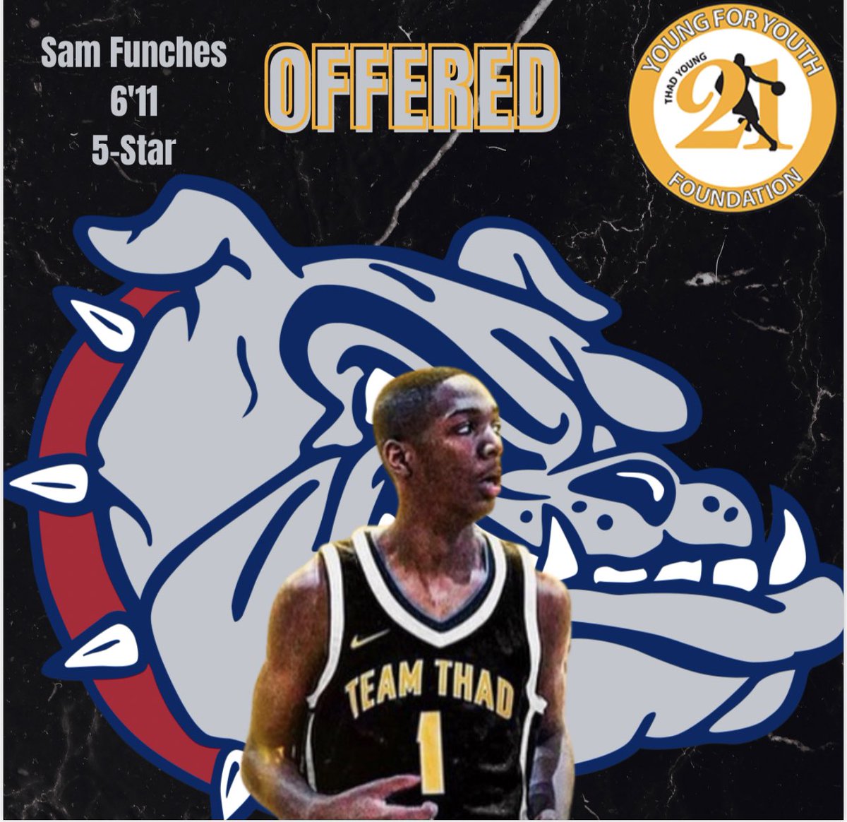 TeamThadNation's tweet photo. Congrats to 6’11 5 ⭐️ #TeamThad family Sam Funches on picking up an offer from Gonzaga 👀
Many more offers coming for Sam this spring and summer 💪 #TTN 💛🖤 #TheBrotherhood https://t.co/5Su1eGAY40