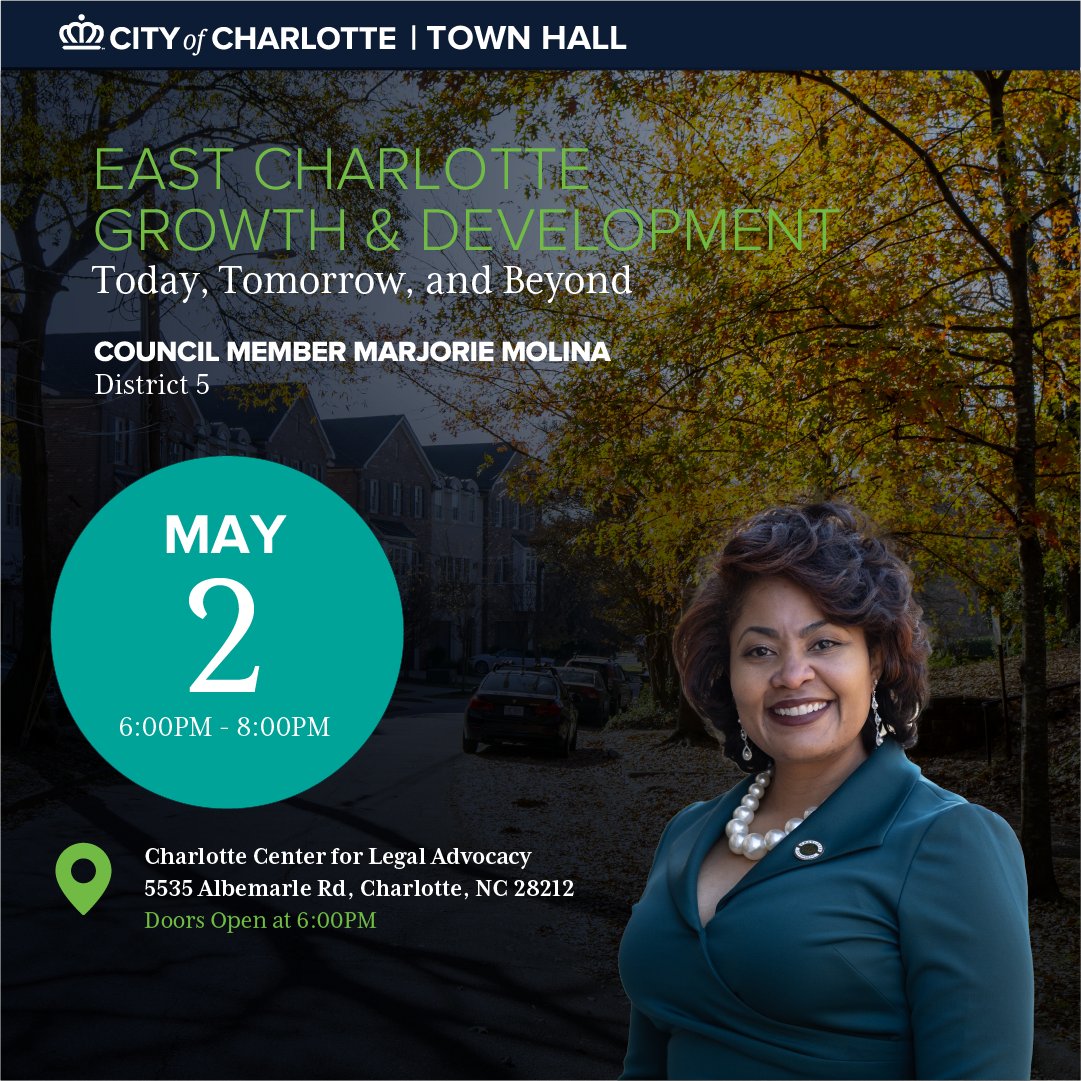 Join #CLTCC Member Marjorie Molina (@vote_molina) on May 2 for a town hall exploring single-family housing in East Charlotte, and the impacts of the Unified Development Ordinance.

Please register to attend and share your questions by 5 p.m. on April 25. cltgov.me/cmmolina1