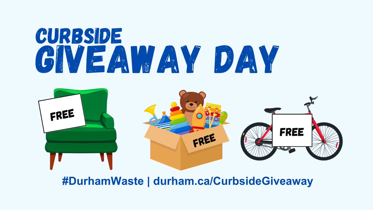 On Saturday, May 4, #DurhamRegion residents are invited to take part in the #DurhamWaste Curbside Giveaway Day by placing unwanted items at the curb marked as free for anyone to pick up. Learn more: bit.ly/4aDZu2X. 🔄 🖼️ 📯📺 🆓