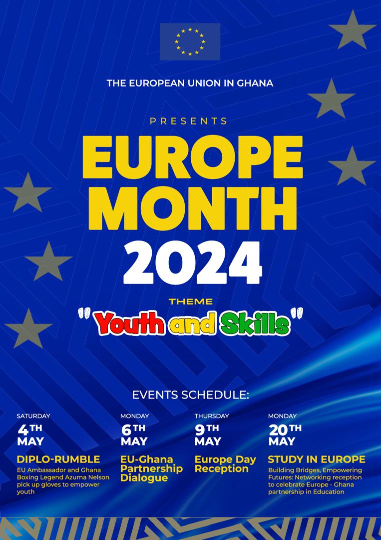 Ghana, get ready to rumble in May! #EuropeMonth2024 ▶️🥊 EU ambassador vs. legendary Azumah Nelson in a boxing exhibition ▶️🗣EU-Ghana Partnership dialogue ▶️🕺Europe Day Reception ▶️👨‍🎓👩‍🎓Study in Europe Fair May will be a knockout month! 🥳🇪🇺 🇬🇭