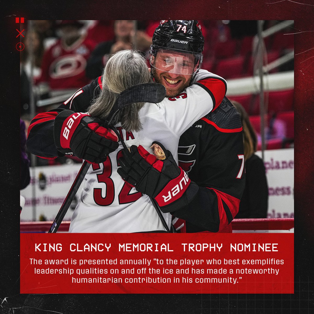 Congratulations to Jaccob Slavin, the #Canes nominee for the King Clancy Memorial Trophy! Jaccob and his wife Kylie have raised over $1 million through his 'Fight For Freedom' campaign this season. Read » n.carhur.com/3UkoqXr