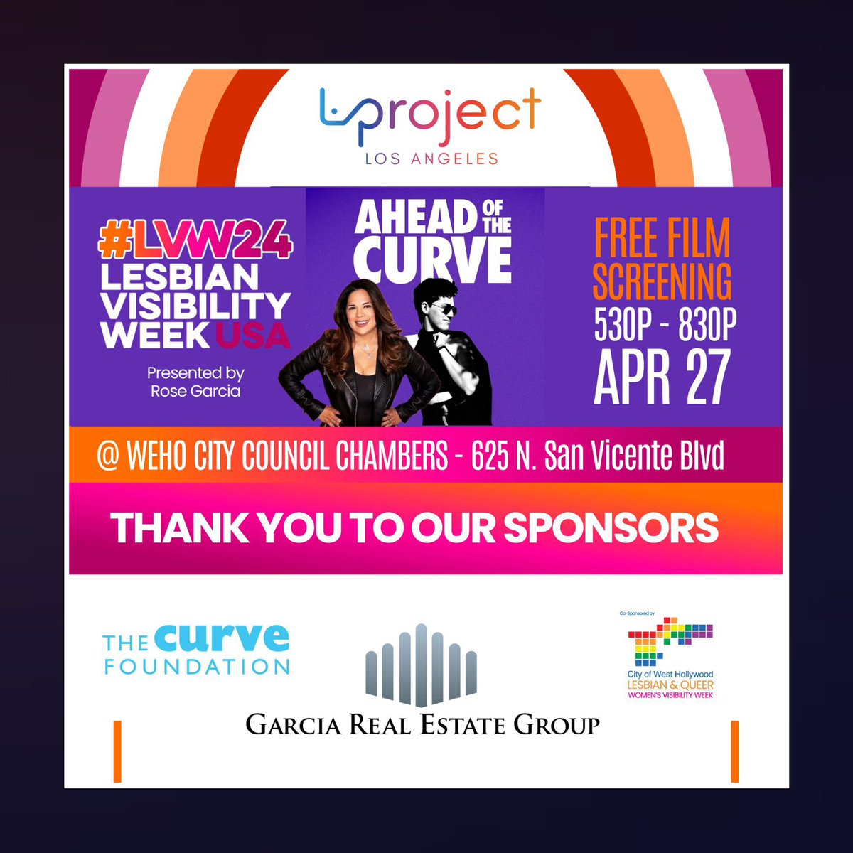 The L Project LA has partnered w/ @CurveFdn to bring you a FREE screening of 'AHEAD OF THE CURVE,' co-sponsored by the @WeHoCity's Lesbian & Queer Women's Visibility Week. The screening will be held on April 27th, 5:30-8:30 PM - get your tickets! 👉 bit.ly/curveweho #LVW24