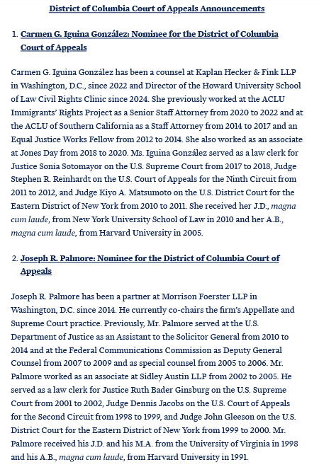 Glad to see @POTUS's intent to nominate two very qualified individuals to the District of Columbia Court of Appeals, Carmen G. Iguina González and Joseph R. Palmore! whitehouse.gov/briefing-room/…