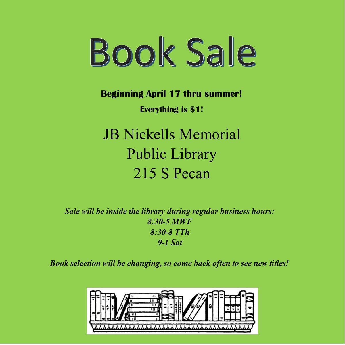 The Book Sale has officially begun! Everything is $1! Drop by at your convenience during business hours to check out the sale tables. 
We have lots more & will be adding new titles throughout the summer. #bigbooksale #booksforeveryone #cheapbooks #lulingtexas #lulingpubliclibrary