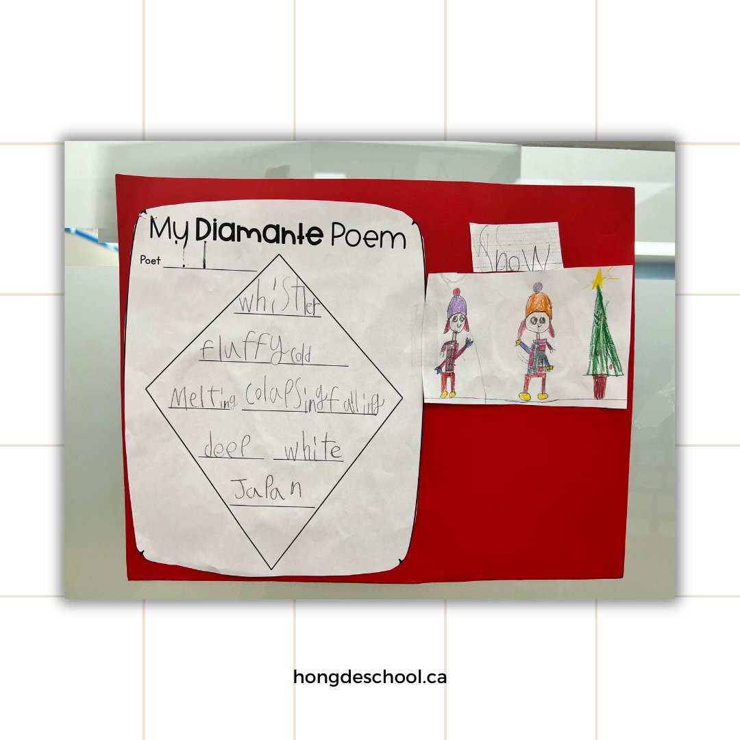 Our grade 2/3 students have been busy crafting Diamante Poems, a unique form of poetry that showcases both the good and the bad sides of a subject.  Swipe left to see the Diamante Poetry created by our students. 📖  #DiamantePoetry #CreativeKids #HongDeElementary 🎭🌺