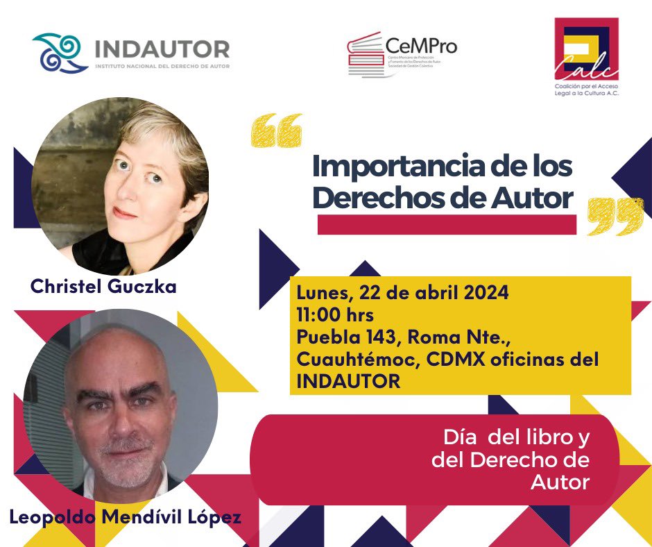 ¿Tienes alguna duda sobre derechos de autor y no has tenido la oportunidad de preguntarle directamente a un escritor profesional? 🤔📖 La @CALC_MX , el @IndautorMexico y CeMPro te invitan a tener una conversación directa con dos autores de reconocida trayectoria. ¡No faltes! 😉