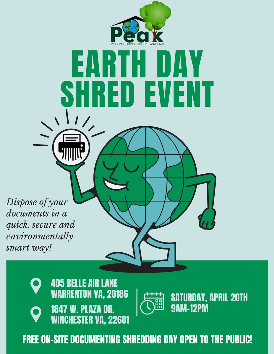 Come out to Peak's 2nd Annual Earth Day Shred Event Saturday, April 20th! We will be holding this event at our Warrenton and Winchester office. Dispose of your documents in a quick, secure and environmentally smart way. This event is open to the public! 🌎 #earthday #shredevent