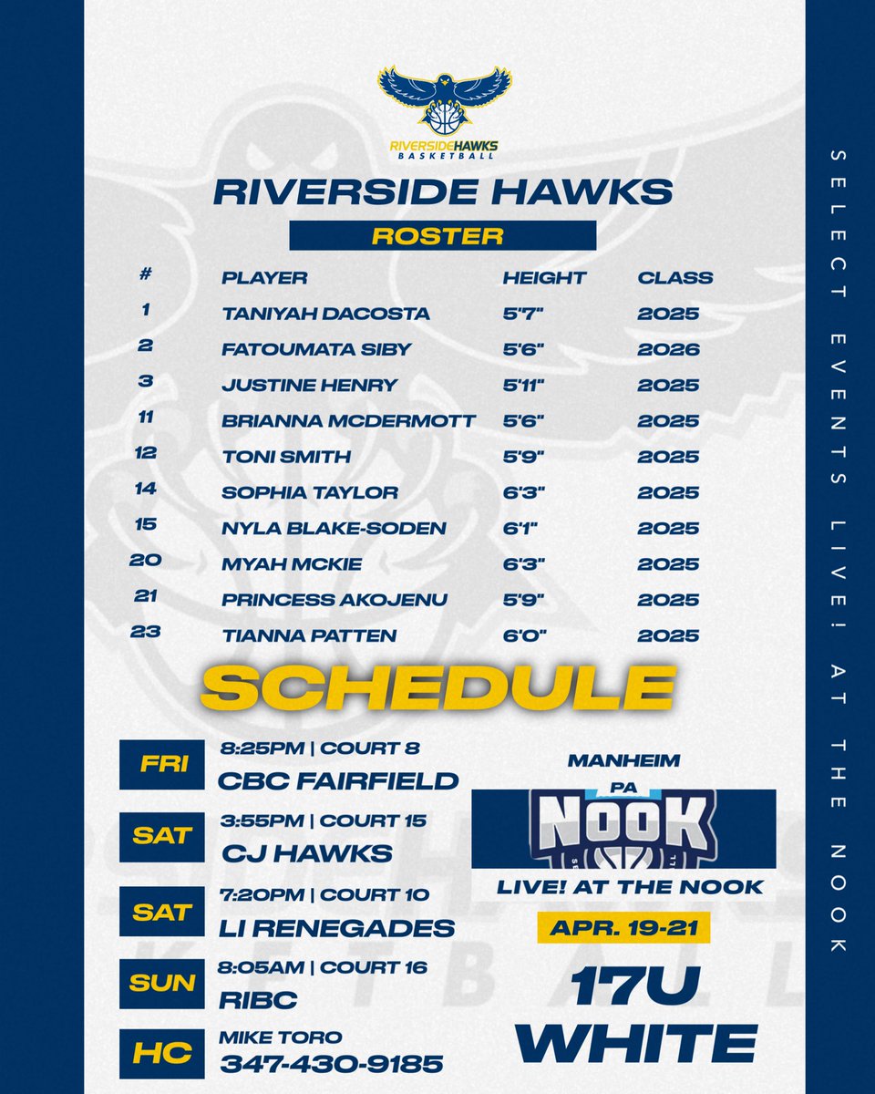 College Coaches here’s our schedule for this weekends LIVE! at the Nook. Come check us out. Tons of athleticism and talent on this team!!!