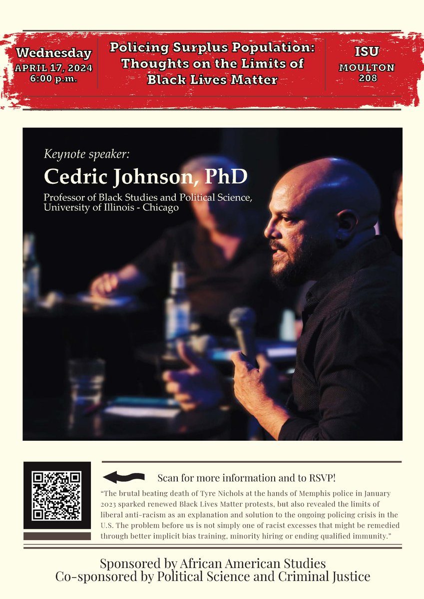 Happy Hump Day, #HistoryEdBirds! 🐫
Dr. Cedric Johnson will be speaking this evening in Moulton 208 at 6:00 p.m. 
Sponsored by African American Studies