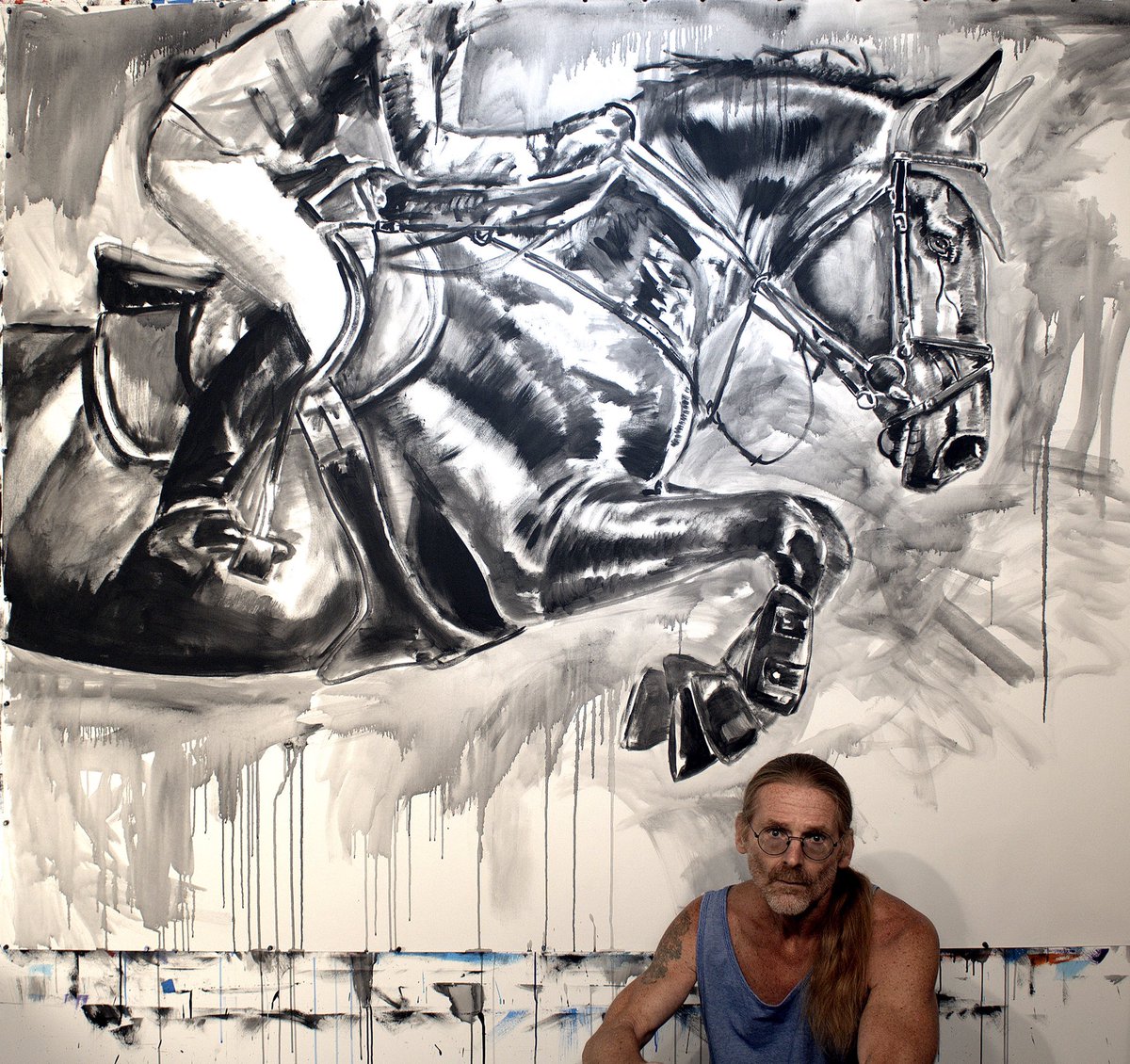 “Nitro” 73 x 88 inch ink and acrylic on canvas.
Available on my website.
#showjumping #drawing #drawings #horses #equestrian 

equineartiststevemessenger.com