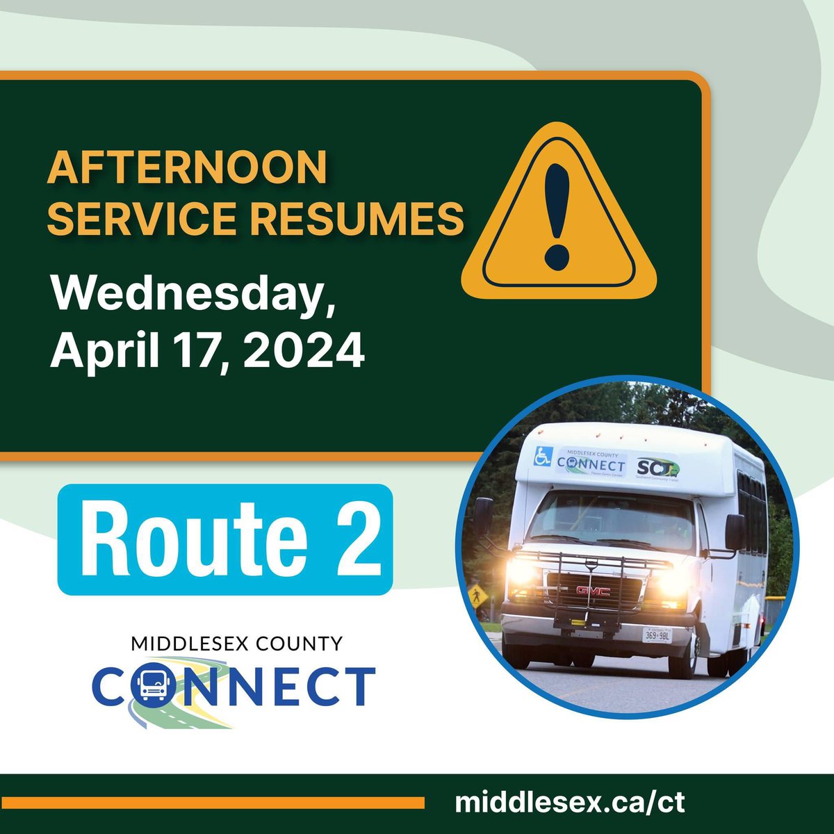 Middlesex County Connect Route 2 afternoon bus service will resume as scheduled today, Wednesday, April 17, 2024. We greatly appreciate your patience and continued support of Middlesex County Connect. ROUTE 2: WOODSTOCK - INGERSOLL - PUTNAM - DORCHESTER - LONDON