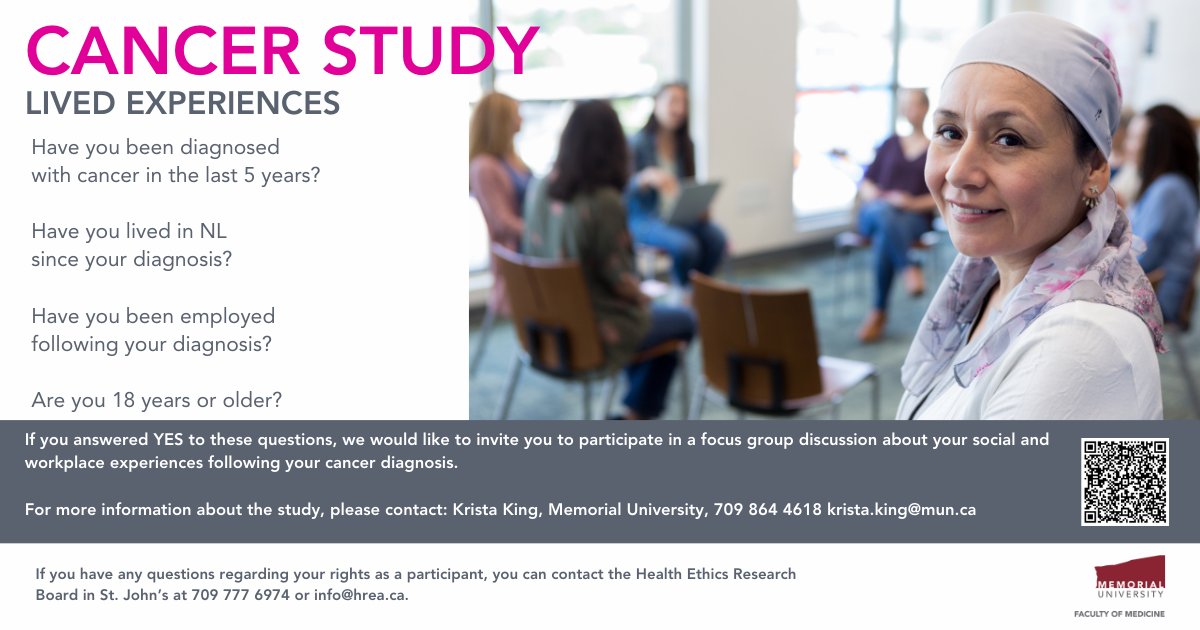 *** PLEASE SHARE***

You are invited to a study on cancer

This study aims to understand the lived social and workplace experiences of Newfoundlanders and Labradorians affected by cancer

If you would like to participate or have questions please contact (info on image)

#Cancer