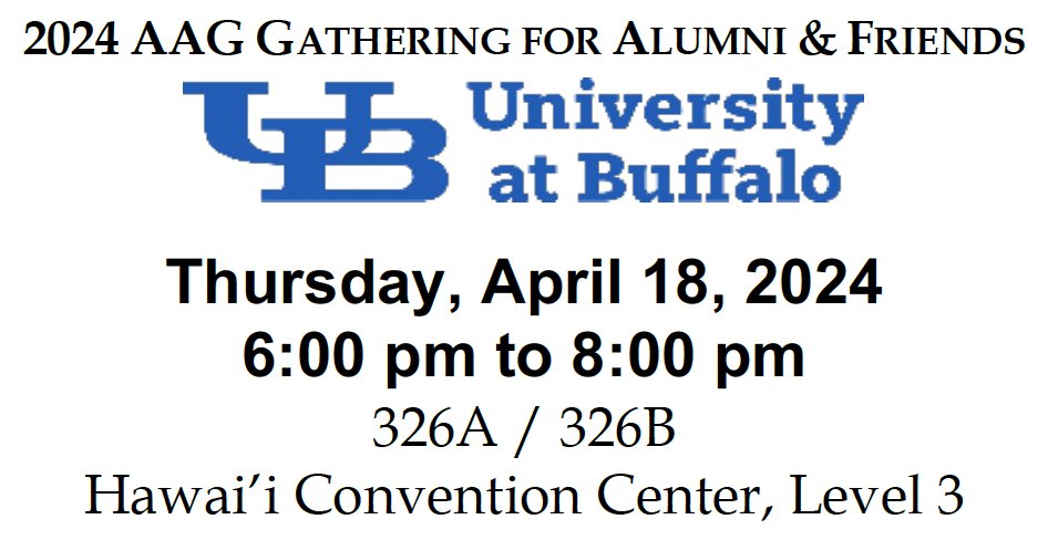 Calling all alumni &amp; friends who at the #AAG2024 . Please join us for our annual AAG Gathering.
When: Thursday, April 18, 2024, 6:00 pm to 8:00 pm
Where: 326A / 326B Hawai’i Convention Center, Level 3