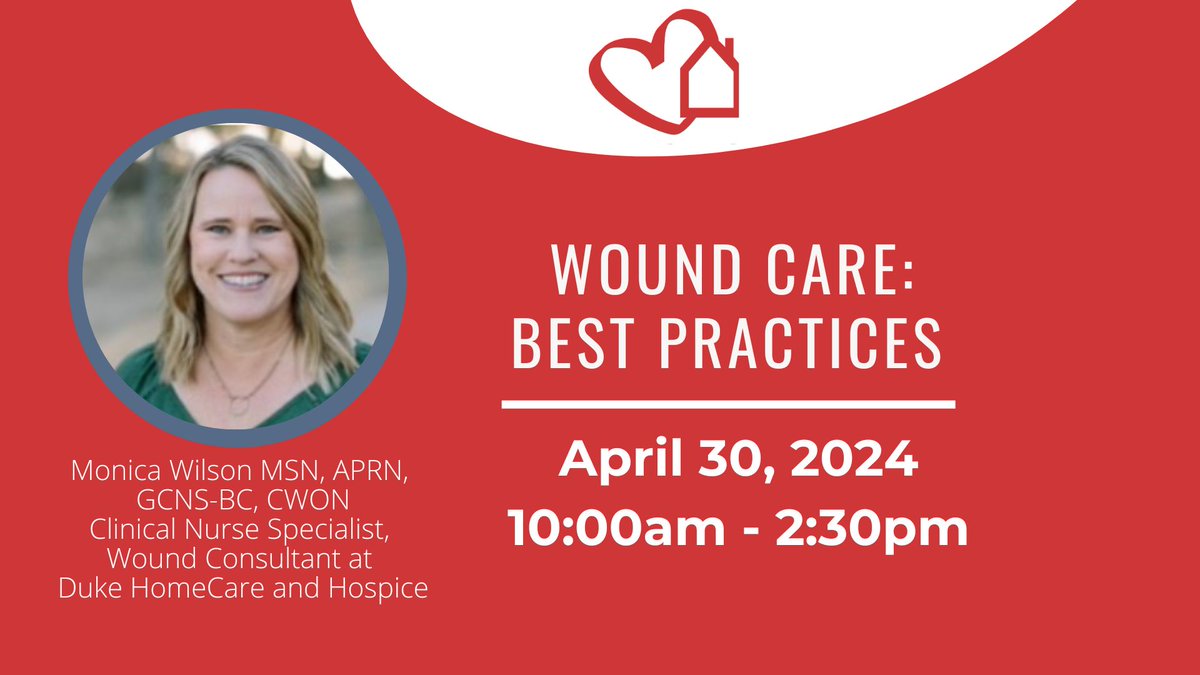 AHHC of NC (@ahhcnc) on Twitter photo Want to learn more about wound assessment, documentation, wound healing principles & wound types? Monica Wilson, Clinical Nurse Specialist, Wound Consultant <a href="/DukeHomeCare/">Duke HomeCare & Hospice</a> will present: Wound Care: Basic Best Practices, <a href="/AHHCNC/">AHHC of NC</a> on April 30th. Register at ow.ly/ma0Q50RilS1 Want to learn more about wound assessment, documentation, wound healing principles & wound types? Monica Wilson, Clinical Nurse Specialist, Wound Consultant <a href="/DukeHomeCare/">Duke HomeCare & Hospice</a> will present: Wound Care: Basic Best Practices, <a href="/AHHCNC/">AHHC of NC</a> on April 30th. Register at ow.ly/ma0Q50RilS1
