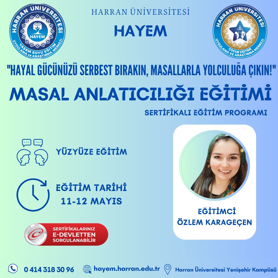 Çocuk Eğitimi Uyg. ve Arş. Merkezi ile ikili iş birliği kapsamında planlanan Masal Anlatıcılığı Eğitimi'ne başvurular başladı. Detaylar için linke tıklayınız. hayem.harran.edu.tr/kurs/masal-anl…