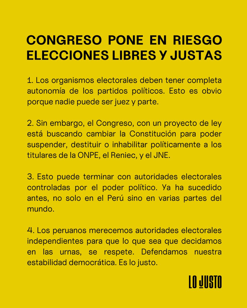 perulojusto's tweet photo. Los partidos políticos NO deben tener control de las autoridades electorales. Esto es obvio para el sentido común, pero el Congreso aún no lo entiende. 

Elevemos nuestra voz. Es LO JUSTO. https://t.co/tYFS4oWhvm