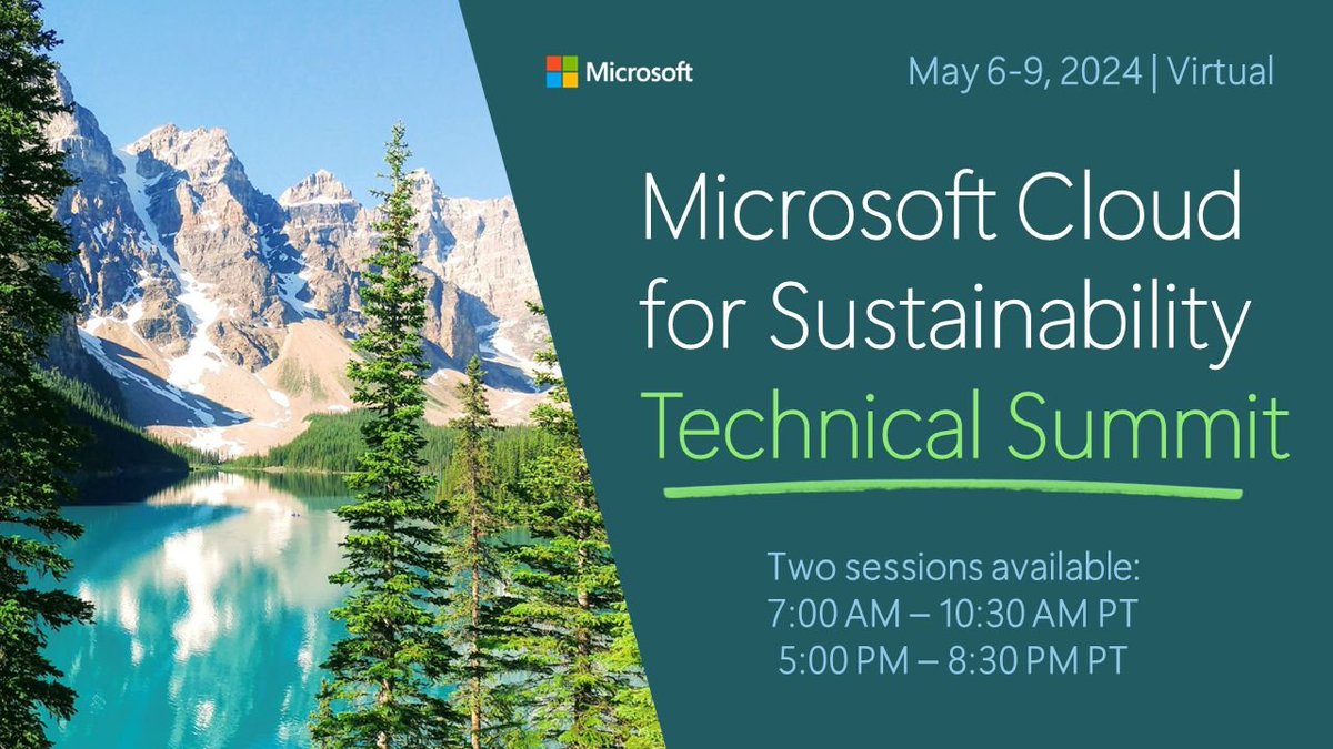 andreabichsel's tweet photo. 🌍 Microsoft Cloud for Sustainability Technical Summit, May 6-9, 2024

Register now: https://t.co/ECjGIRERiL

Join our Product Engineering team at this virtual event to enhance your technical skills and learn the most effective ways to implement, integrate, and extend our Microsoft Cloud for Sustainability solutions. Gain insights from expert-led sessions, interactive demos, and live Q&A (all sessions will be recorded and made available post the event). 
 
Agenda will be available here one week before the event: https://t.co/y69Ne2D5HK

#microsoft #cloud #microsoftcloud #cloudforsustainability #esg #sustainability