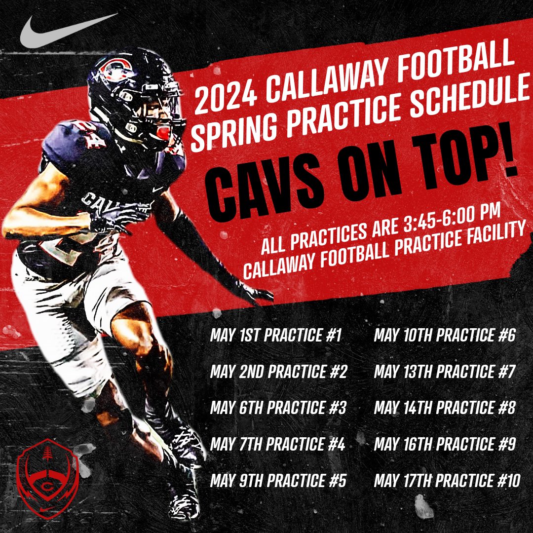 𝟐𝟎𝟐𝟒 𝐒𝐩𝐫𝐢𝐧𝐠 𝐏𝐫𝐚𝐜𝐭𝐢𝐜𝐞 𝐒𝐜𝐡𝐞𝐝𝐮𝐥𝐞🗓️ All practices will be at the Callaway High School Football Facility. Looking forward to getting back on the field and preparing for a very fun 2024 season! 🔴⚫️⚔️