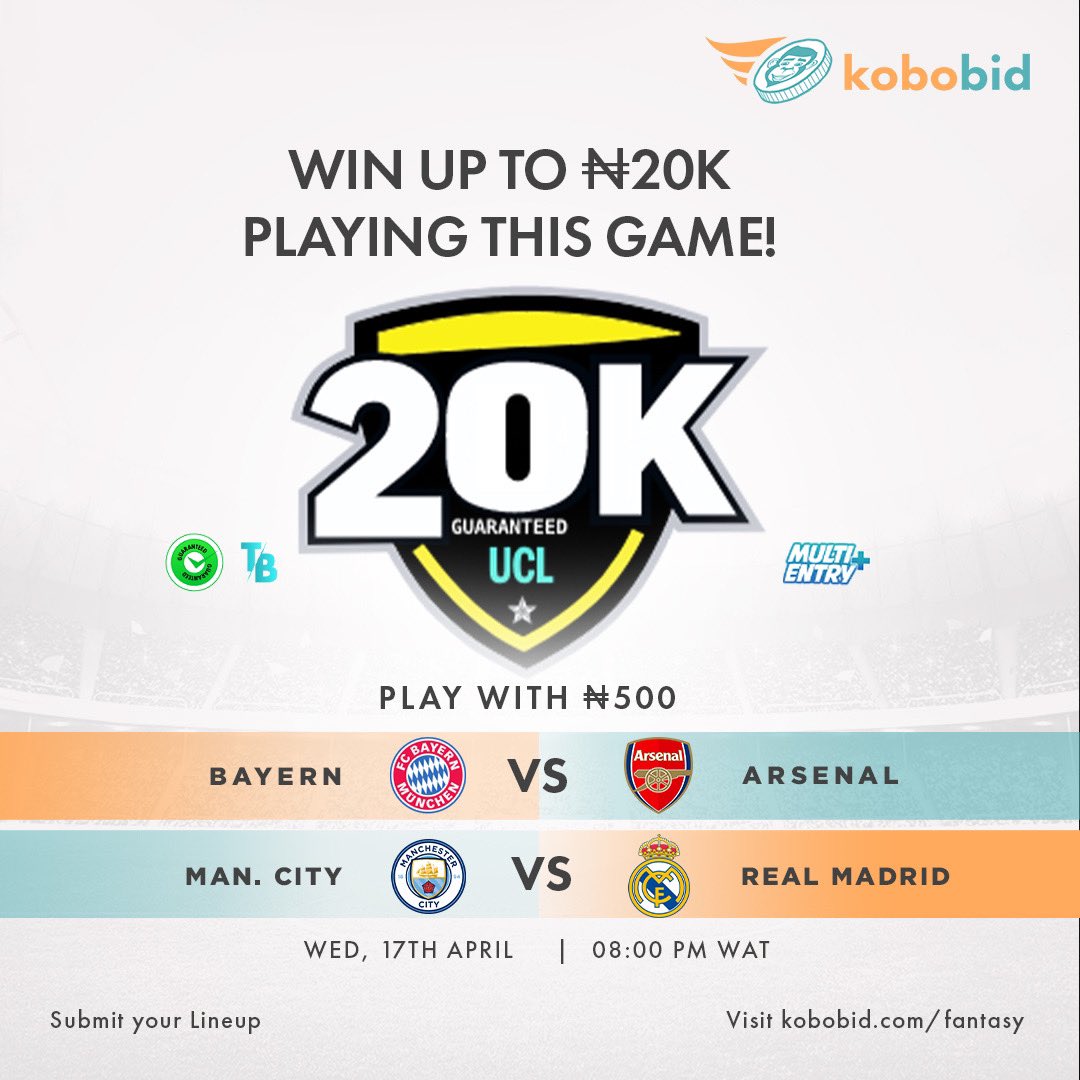 Win up to N20,000 playing this game tonight! Submit your lineups now on kobobid.com/fantasy and WIN.