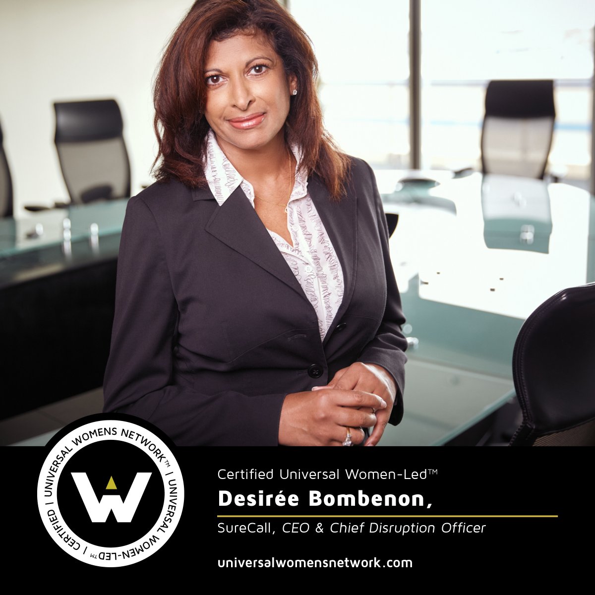 ANNOUNCEMENT? 

⭐️Universal Women-Led™ Certified⭐️ Congrats, Desiree Bombenon, CEO, SureCall.  bit.ly/3SJ3iXb

Everyone plays a role to SupportHER. Buy from women, invest in them and champion them! 

Get Certified ➡️ bit.ly/3xwEfgm

#Womenowned #Womenled