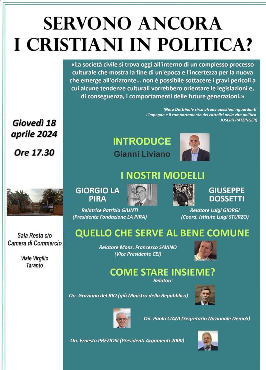 Domani a #Taranto con gli amici di Demos per partecipare al Convegno “Servono ancora i cristiani in politica?”, insieme a importanti relatori