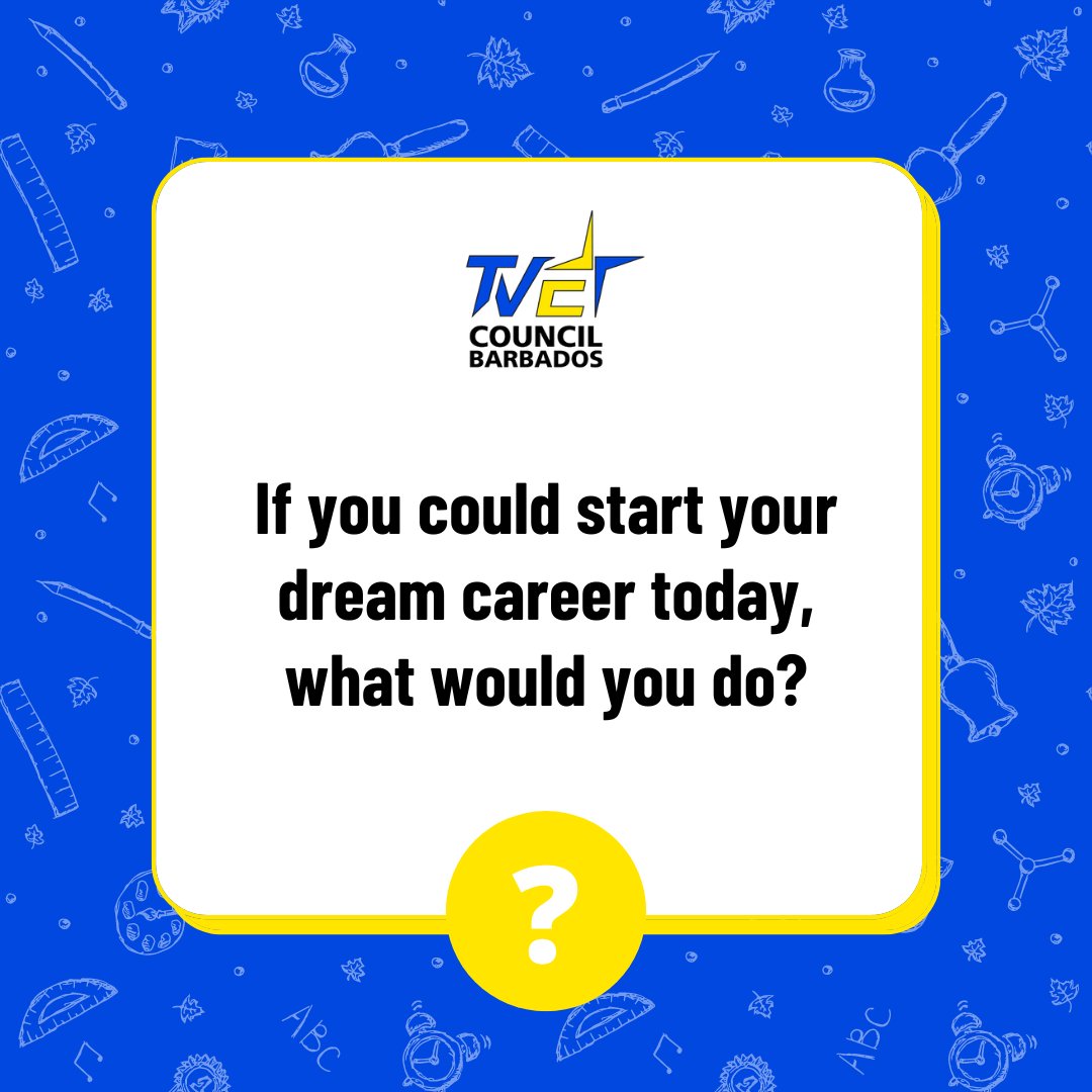 Dreaming big today! If you could wake up tomorrow in your dream career, what would it be? Share your aspirations below.

#DreamCareer #Ambitions #FutureGoals #TVETCouncil #tvetcouncilbarbados #tvet #workforcedevelopment #cbet #lifelonglearning #skillsdevelopment #plar #NVQ