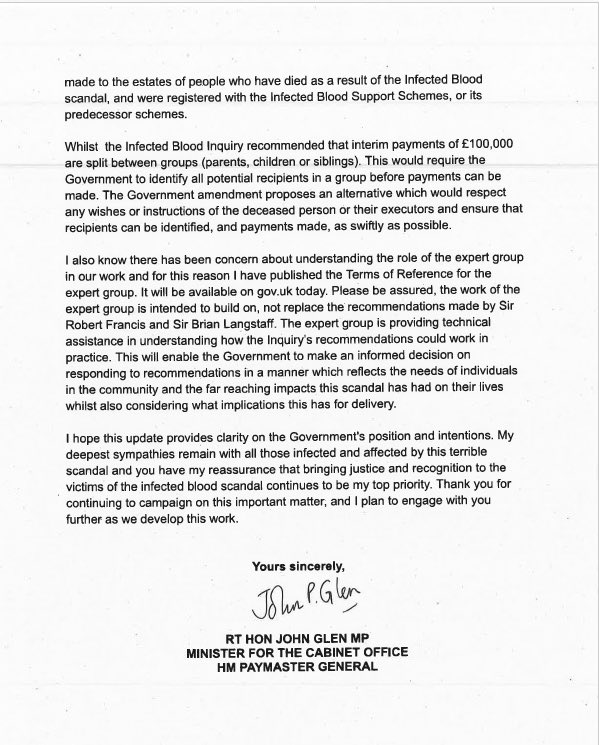 Real progress and a leap forward from @JohnGlenUK on justice for those impacted by #infectedblood and products. ➡️ legislation to ensure a compensation scheme and arms-length body ➡️ £100k interim compensation to estates ➡️ transparency on the ‘expert group’ Not job done and…