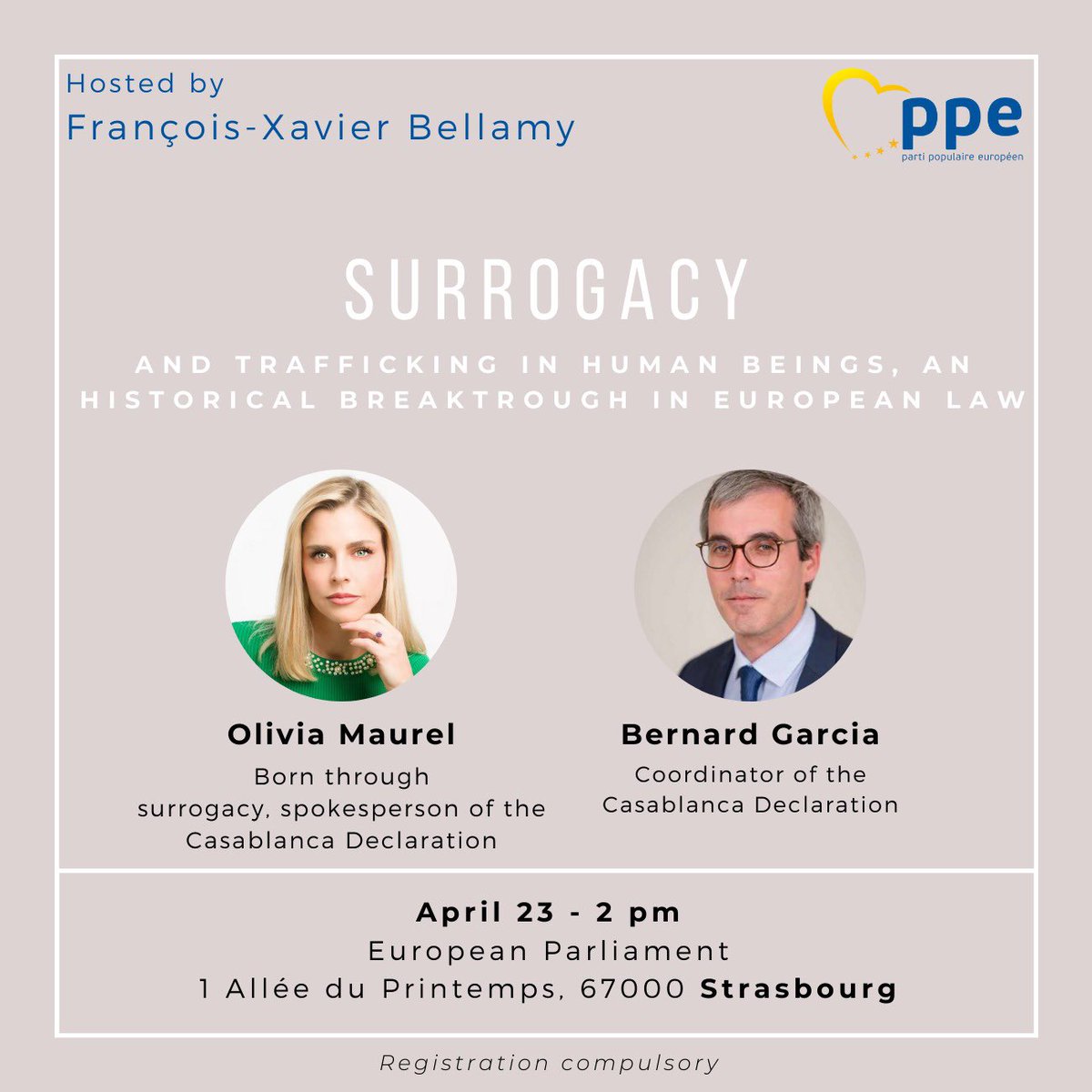 « Le 23 avril 2024, le Parlement européen votera de manière définitive la révision de la Directive sur la lutte contre la traite des êtres humains, dans laquelle, après un long combat, <a href="/fxbellamy/">Fx Bellamy</a> est parvenu à inscrire la gestation pour autrui comme un cas minimum de traite au