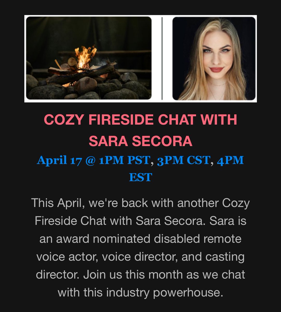 Thank you to the Disabled Voice Actors Database for having me as this month’s Fireside chat speaker. Looking forward to chatting today!!