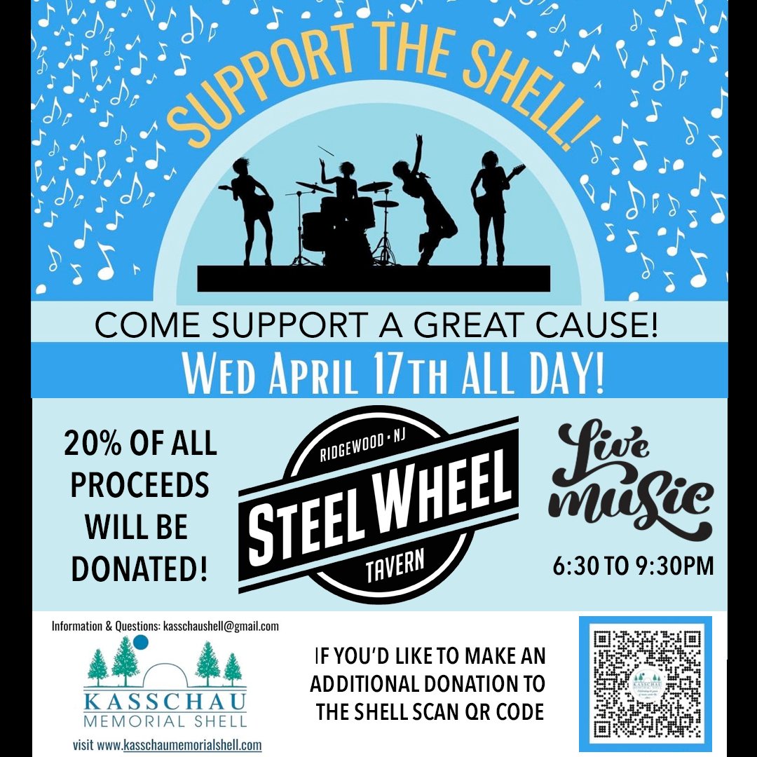 When you Dine with us today 20% of all Proceeds will be Donated to the Kasschau Memorial Shell! Happy Hour 3 to 6pm and Live Music 6:30 til 9:30pm! Have fun while you give back!!! 🎉 🎶 🎸

#SteelWheelTavern #RidgewoodNJ #supporttheshell