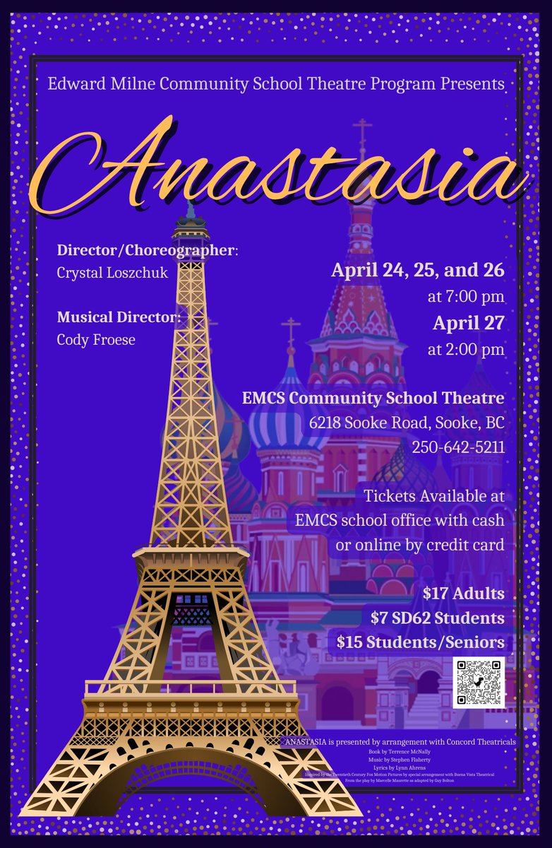 Experience Anastasia! Brought to you by the EMCS Theatre Program in #Sooke. Tickets can be purchased at the school office or online: sd62.schoolcashonline.com/Fee/Index