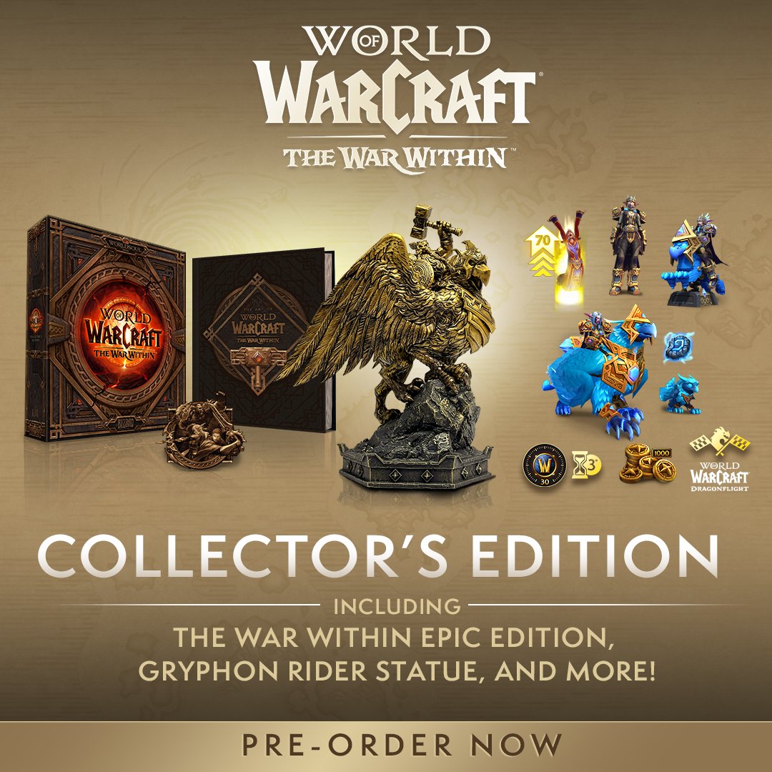 The War Within 20th Anniversary Collector’s Edition is now available for pre-order! 🦅 Gryphon Rider Statue 🎨 The Art of The War Within ⚔️ The War Within Beta Access ✨ Epic Edition Rewards 🎉 And more! Learn more: blizz.ly/4aD8mpw